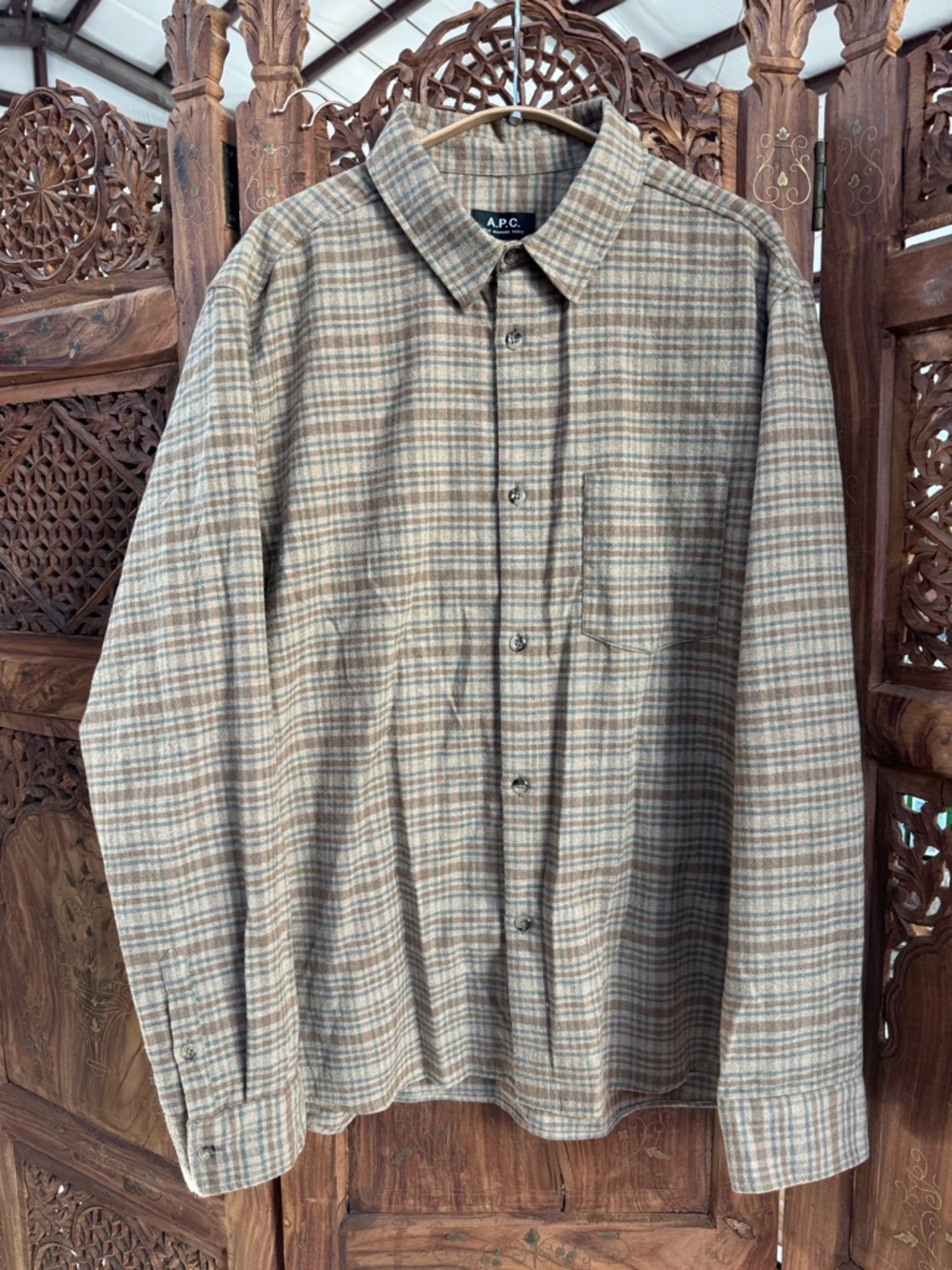 A.P.C. Paris Men's XXL Plaid Flannel Button Down Shirt Tan Gray Neutral
